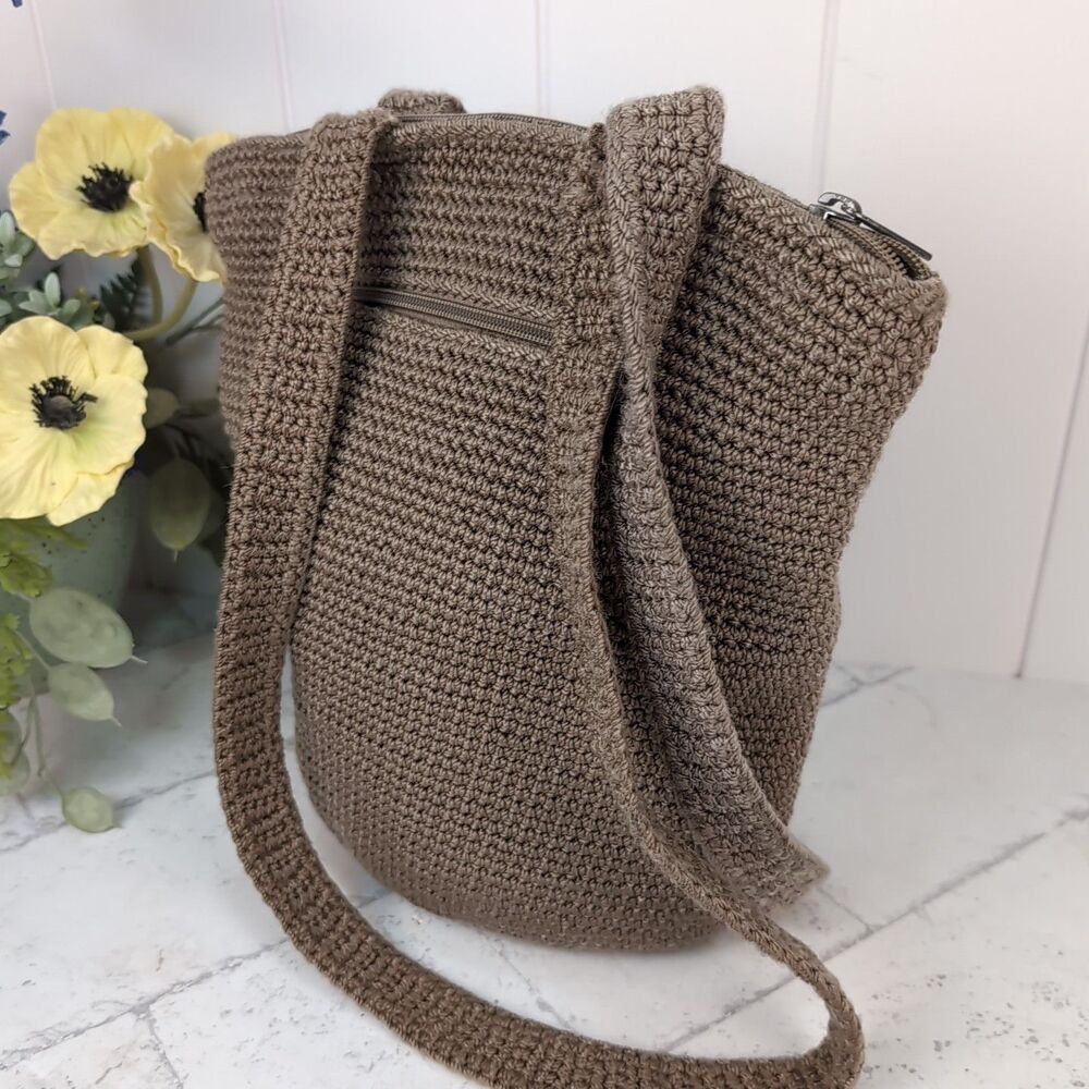 The SAK Lumi Hand Crochet Boho Shoulder Bucket Handbag Purse Tote Taupe Brown - Picture 11 of 11
